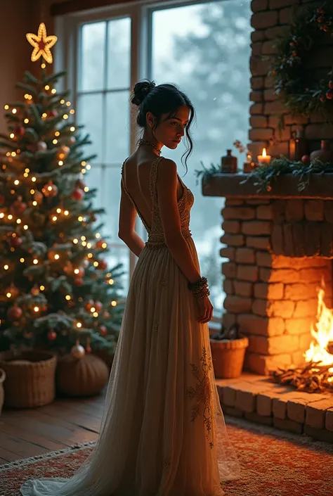 I want image of me in chirtams  witchy boho style dress, i want my face to be faceing forward . i want christams tree in the roo. and snowing out side that you can see through the window i want a fire place in the room as well. I want some herbs hanging an...