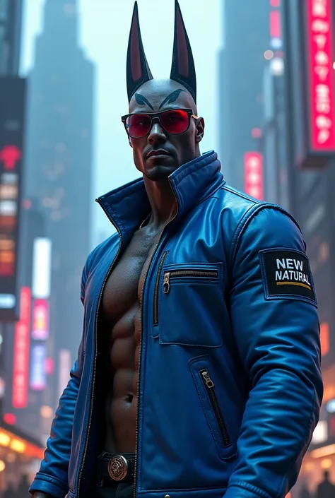 God Anubis muscular full body Terminator-type humanoid fitness jacket blue leather with sunglasses patch written New Natural in a futuristic cyberpunk city 