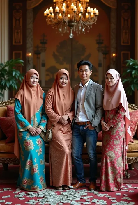 Photo of girls wearing hijab dresses and guys wearing blue jass rich Indonesians are again sitting in a stately home background a lot of money scattering 