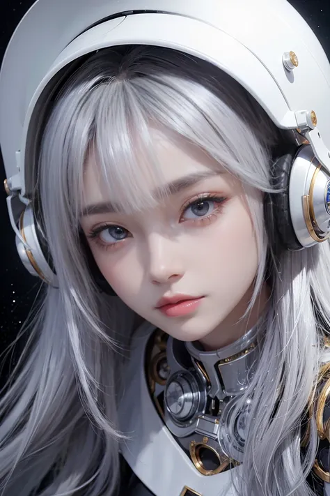 (Absurdly, High Quality  ,  very detailed,32K、High image quality、Ultra HD、 golden ratio face 、 realistic 、 complicated、 high detail)、(((Perm、white bob hair )))、((( alien woman from the future、mechanical hat with headphones、 metallic costume 、 metallic mini...