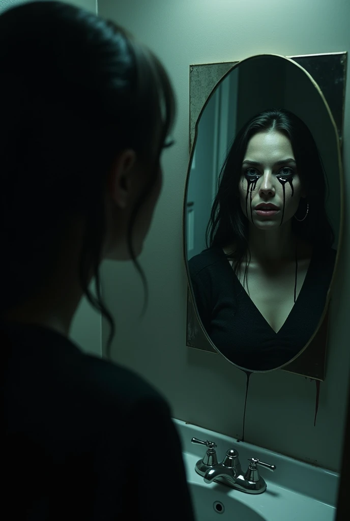  A woman looks at herself in the mirror of a dark bathroom . She moves to exit ,  but the reflection stays still ,  grinning ominously as a black liquid drips from her eyes.  The reflection slowly begins to come out of the mirror as the lights flash .