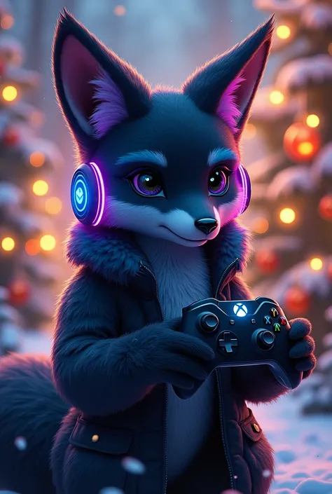 Humanoid fox with black fur with patches of purple ,  light blue and green with an Xbox controller and RGB headphones with a Christmas background 