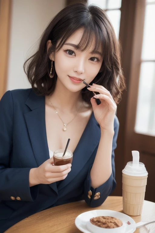  eyes that are drawn in, cute double , Mysterious woman eating a fruit parfait so deliciously,  inside a calm cafe ,  short hair with loose inner curls,  clothes chosen for a date , Talented , Kind personality,  woman who is very particular about the detai...