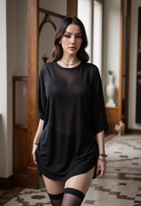 a woman wearing black oversized shirt, black stockings , interior, 