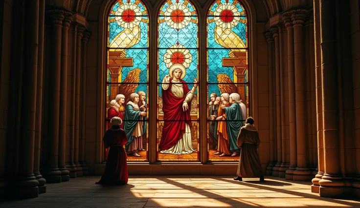 "Close-up of a stained glass window in a Gothic cathedral, vibrant colors telling a biblical story, workers in medieval clothing placing the glass into the frame, light filtering through casting colorful patterns on the stone floor, the interior of the cat...