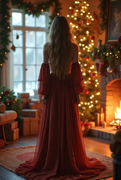 I want image of me in chirtams  witchy boho style dress me facing forward closer to the canera . I want long flowing hair i want people to be able to see me clearly .i want christams tree in the room  and snowing out side that you can see through the windo...