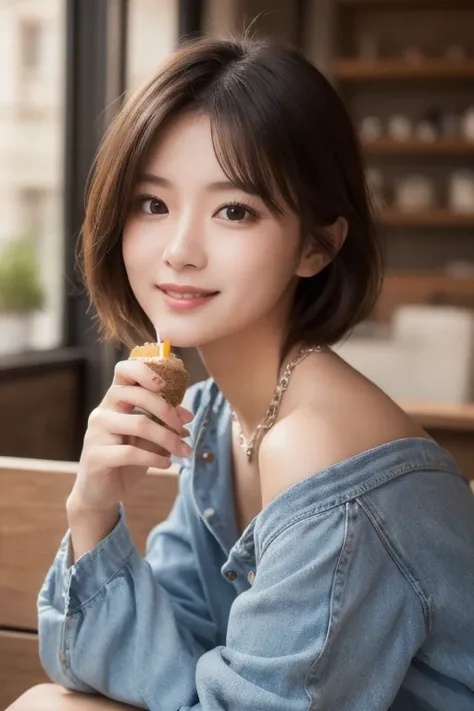  eyes that are drawn in, cute double , Mysterious woman eating a muscat parfait so deliciously,  inside a calm cafe ,  short hair with loose inner curls,  clothes chosen for a date , Talented , Kind personality,  woman who is very particular about the deta...