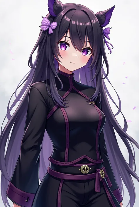 ShinobuKochou_NDV, 1girl, purple eyes, black-purple hair, japanese clothes, demon slayer uniform, butterfly hair ornament, belt, black pants, black jacket