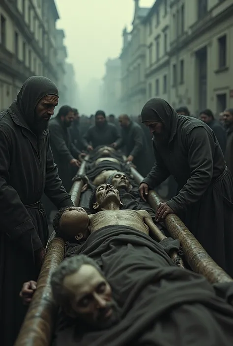 The Black Death sickens thousands of sick people on a stretcher