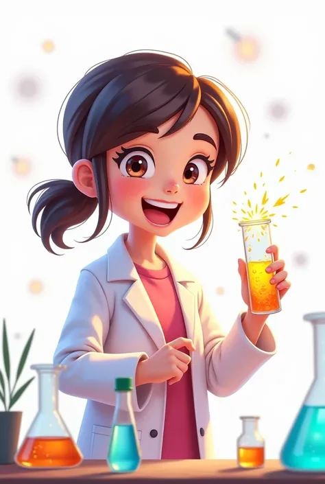 Create a student wearing a lab coat who holds a tube with chemistry and who is animated and on a white background and who is a girl and more animated