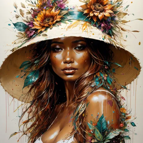 (( incredible quality, award winning clip ,  in detail,  large sun hat ,   masterpiece , paint)),
((estilo de Carne Griffiths)),
ink art sketch of a beautiful woman made of flowers and leaves.