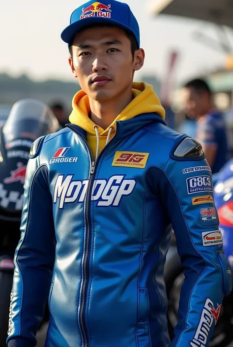 21 year old Asian man in metallic blue MotoGP livery Jeans standing next to MotoGP motorcycle race wearing yellow hoodie jacket basketball cap present " logo MotoGP logo 