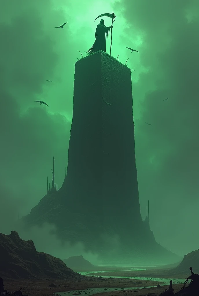 Make me an image of a green monolith with black and a scythe