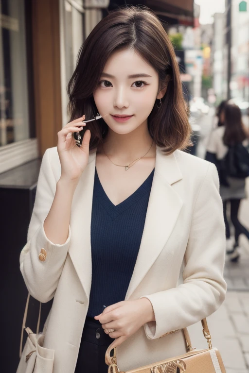  eyes that are drawn in, cute double , Mysterious woman eating a strawberry parfait so deliciously,  inside a calm cafe ,  short hair with loose inner curls,  clothes chosen for a date , Talented , Kind personality,  woman who is very particular about the ...