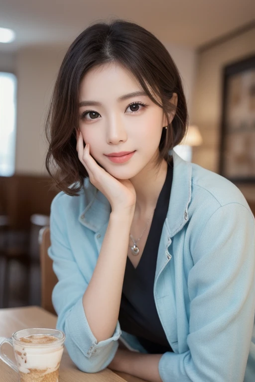  eyes that are drawn in, cute double , Mysterious woman eating a strawberry parfait so deliciously,  inside a calm cafe ,  short hair with loose inner curls,  clothes chosen for a date , Talented , Kind personality,  woman who is very particular about the ...