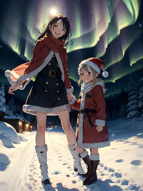     Masterpiece  ，   best quality，High image quality，(   super flat  ，   flat shading   )， fisheye lens， beautiful petite trained young mother and her very adorable little trained daughter:1.25，    warm scarf， Santa Claus Outfit ，Christmas anime style cost...