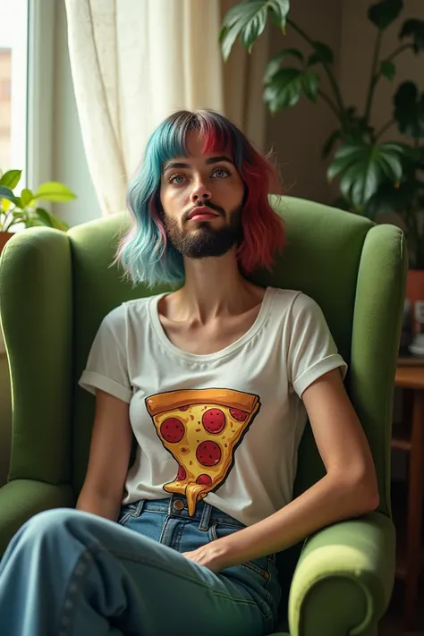 (photorealism:1.2), a woman with beard and Blue and read Hair, with Light pink lipstick,
sitting on a Green Armchair , wearing  a pizza t shirt , jeans pants, indoors, soft lighting, plants in background, window with sunlight, cozy room, relaxed pose, real...