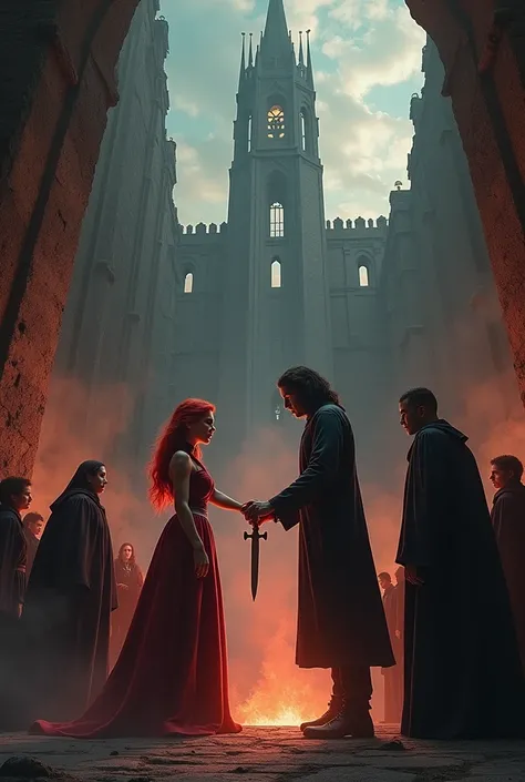  I write vampire fiction and human girl passes dagger into vampires heart .  Girls hair Red mans eyes are under an amber wall There are priests below a group of people for the bell. Boy handsome girl at the bottom of a beautiful wall and at the top of a ta...