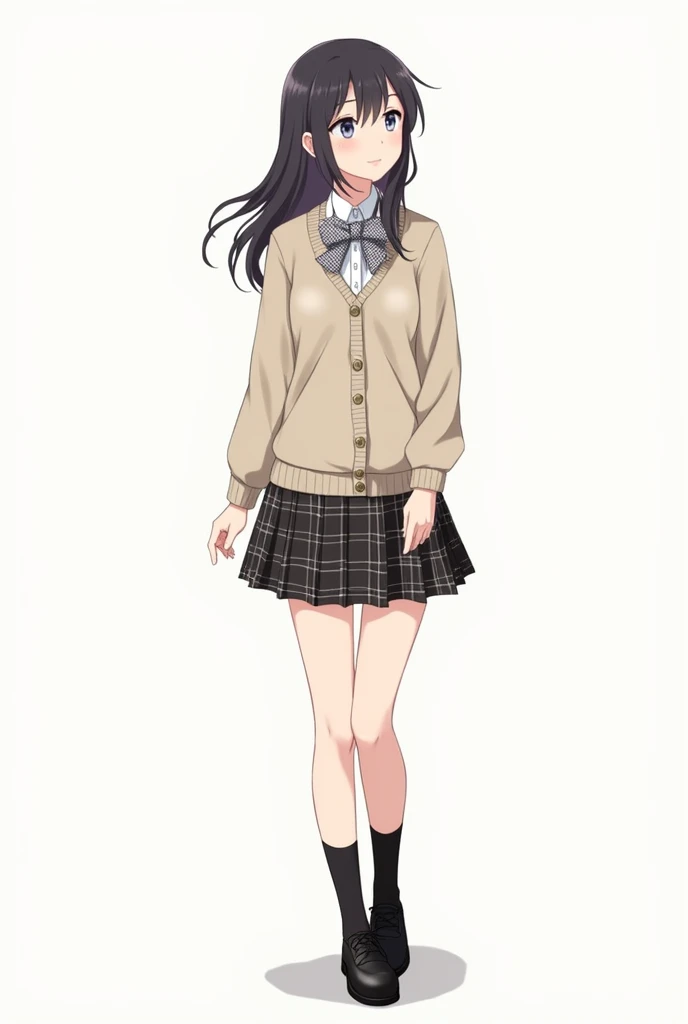  Anime teenage girl with white shirt :  It is long-sleeved and classically styled .
 bow tie :  Checkered design in shades of gray and white lines .
Beige cardigan: Made of soft fabric with front buttons .
plaid skirt:  In dark tones with a design similar ...