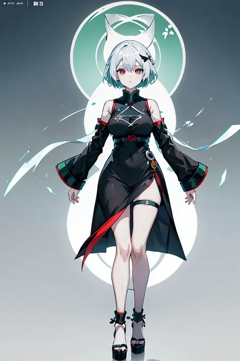 a short female with short white hair, black jiangshi dress, black oversized sleeves, anime-style full body illustration, anime character design, full body character, white wrapped bandages on legs, no shoes, green jade beads on head and arms, full body
