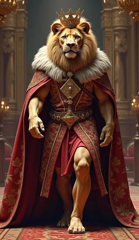 Lion with humanoid body in ultra realistic king clothes walking 