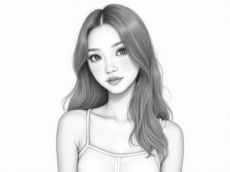 Pencil sketch of a Thai woman with long hair, wearing a white dress. Half-body portrait, delicate facial structure, large eyes, high nose bridge, soft light, delicate texture details, delicate line drawing in a light-colored style, emphasizing the beauty o...