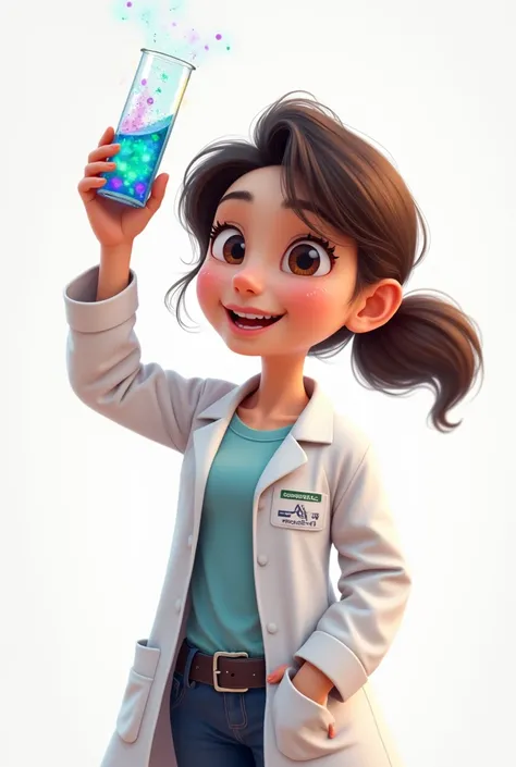 Create a student wearing a lab coat who holds a tube with chemistry and who is animated and on a white background and who is a girl and more animated
 More excited