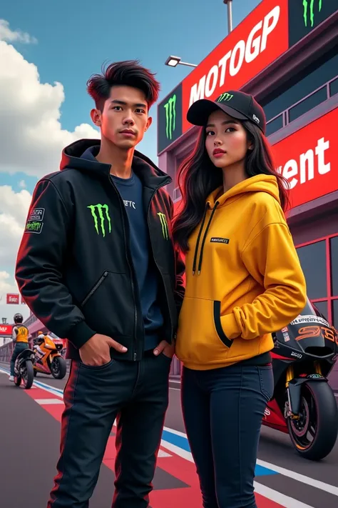 Full-bodied Asian man21 years And beautiful woman wearing black jeans dress  in black MotoGP jeans standing next to MotoGP motor racing wearing yellow hoodie jacket basketball cap present "Logo" monster energy "MotoGP logo background