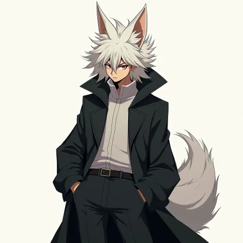  a half-fox man who wears a half-long black coat and who wears half-large pants, Half-white hair ,  drawing style of B .n.a