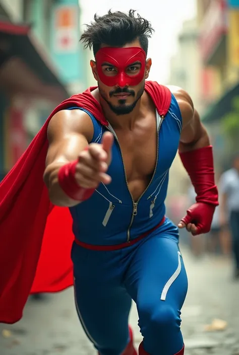 a man real teenage age . 30 Malaysia Indonesia black eyes (goatee moustacge) . Aesthetic muscular body (voluminous muscle massive pecs), Big muscle arm.. Luchador mask red . wearing an blue white zippedshirt jumpsuit hero,. Dramatic.((Blue pant, detailed f...