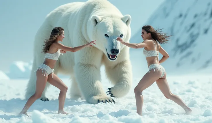 Three beautiful girls wearing underwear fighting a white bear in Antarctica