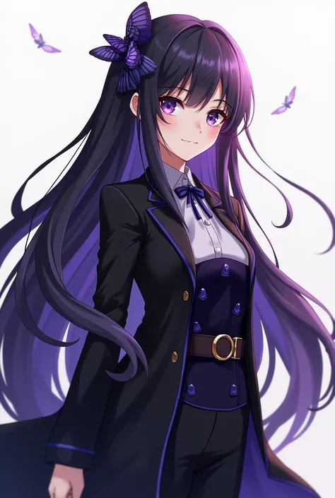 ShinobuKochou , 1girl, purple eyes, black-purple hair, japanese clothes, demon slayer uniform, butterfly hair ornament, belt, black pants, black jacket