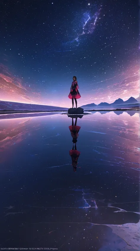 Official Art, Integrated 8K wallpapers, Very detailed,  masterpiece, Best image quality，Ultra Wide Angle，night，woman，Standing by the salt lake，The water is like a mirror，Reflecting the sky,Look up at the sky，The Milky Way is in the sky，Dynamic Angle, Grace...