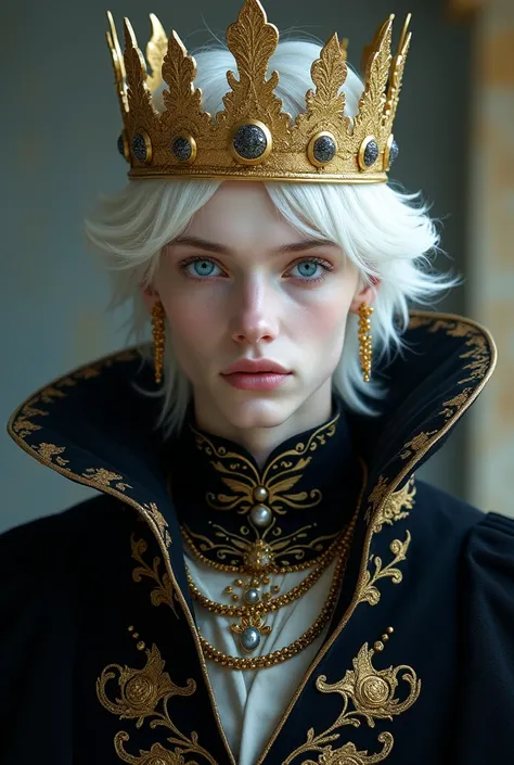  An albino prince with blue eyes, crown and black and gold clothing 