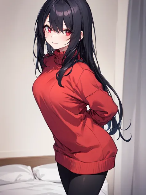  1 girl , solo,  black hair,  long hair,  hair to hide one eye, Straight Hair, Beautiful breasts, medium chest ,Red sweater, sweater dress,leggings,Red eyes, Slanted Eyes,His right eye is hidden by his hair, smiles,  closes her mouth,  Seductive Smile ,  s...