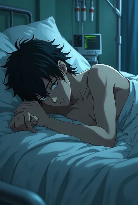 Anime. Bad boy, laid on his stomach, on the bed at the infirmary.