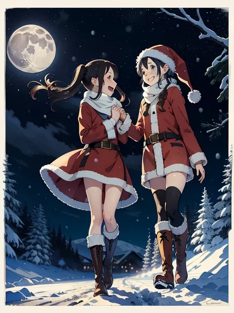  greatest masterpiece， best quality，High image quality，( super flat， flat shading )， fisheye lens， beautiful petite trained young mother and her very adorable little trained daughter:1.25， warm scarf， Santa Claus Outfit ，Christmas anime style costume ，(nak...