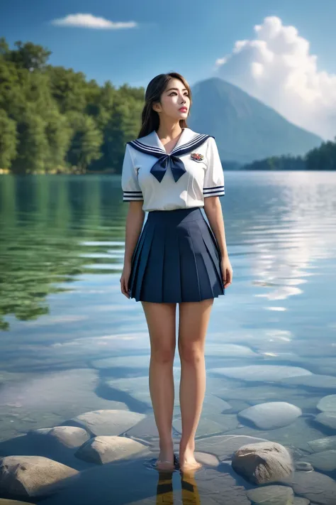 ( super high quality:1.3), masterpiece, (high definition), HDR, 8k, photo, photorealistic, beautiful woman standing in tranquil lake, covered gigantic breasts, sailor skirt uniform, pleated short skirt, summer, side view from below