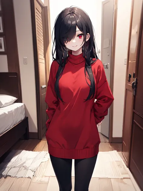  1 girl , solo,  black hair,  long hair,  hair to hide one eye, Straight Hair, Beautiful breasts, medium chest ,Red sweater, sweater dress,leggings,Red eyes, Slanted Eyes,His right eye is hidden by his hair, smiles,  closes her mouth,  Seductive Smile ,  s...