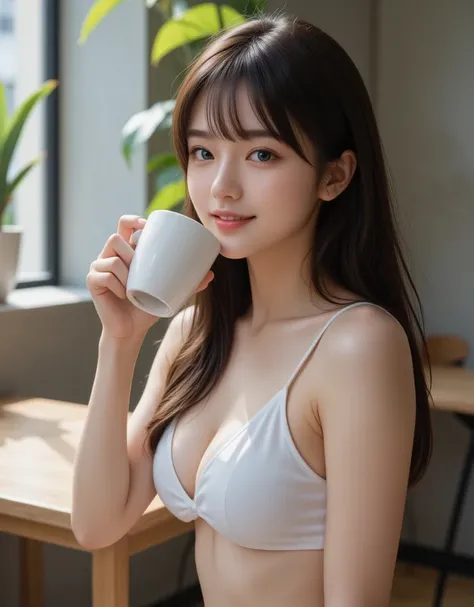 ((Old Nordic cafe))、(masterpiece), ((Horizontal droopy eyes)), ((Beautiful thighs)), (( beautiful hip line)), ((Beautiful belly button)), 超 high definition , ((Camouflage bra)), ((There is an agave citanota on the table)), cute、 smaller breasts、Age 25、1 pe...