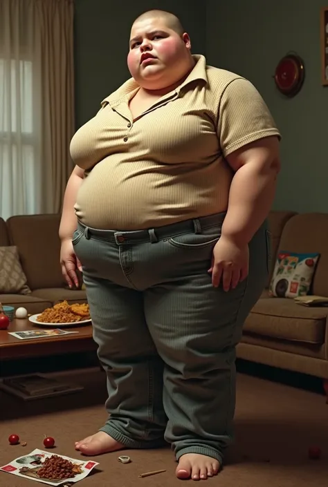 BLOATED MORBIDLY OBESE GIRL IN TIGHT DENIM CORDUROY SHIRT TUCKET INTO PANTS FASTEN TO THE NECK WITH CORDUROY HIGH WAIST TROUSERS SHORT SHAVED HAIR BLOATED BODY LARGE BIG BLOAT DOUBLE CHIN BIG BLOAT FUPA BIG BOOTY EXTREME HUGE BIG BLOAT BELLY LONG NAILS LON...