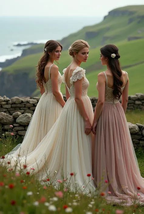 3 beautiful women in elegant clothes from County Down, Northern Ireland, beautiful landscape