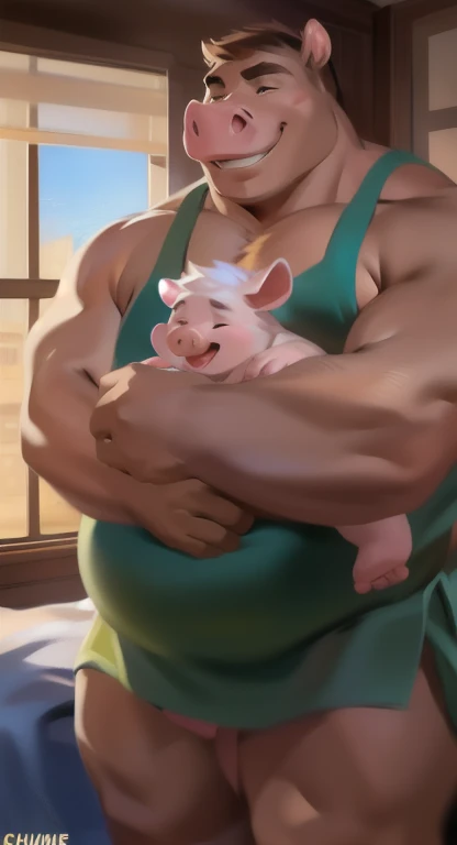 Living with baby pigs, male Tall​,sleepless., bedroom,Hugging a baby pig to sleep.. Hippo , Green apron, overweight, muscular, Sexual Emotions​ happy, by chunie