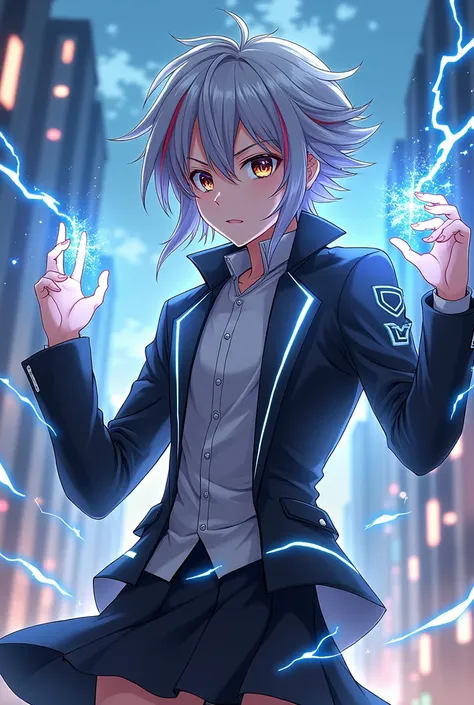 "A hybrid male character inspired by Accelerator and Misaka Mikoto.  He has silvery and slightly pointed hair ,  with reddish-brown highlights electric rays .  His eyes shine with a mixed tone of silver and amber ,  exuding intelligence and intensity . He ...