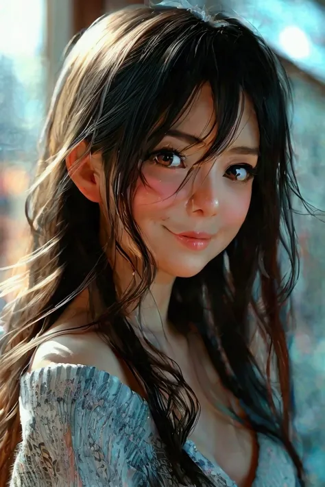 Japanese beauty、Big eyes、High nose、smile、beautiful、long hair、Smooth Hair、30 years old、、sexy、night、Emotional atmosphere、High resolution, masterpiece, accurate, Textured skin, Very detailed, , 高quality, quality, High-resolution model, detail, Real、Realistic、...