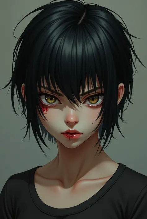  A 16-year-old girl with black hair in a tomboy cut, mature features,  cat eyes and angry expression , thin, bruised lips 