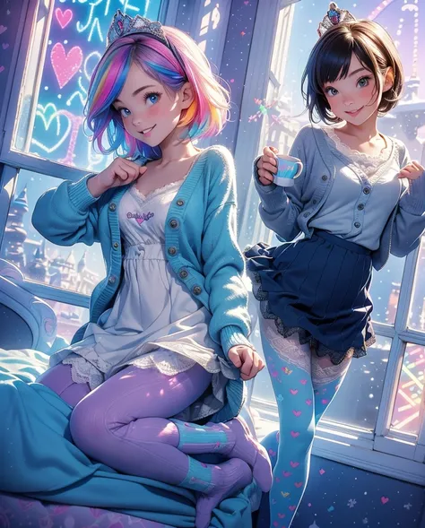 Two Women .(bluesky).tiara(8k)  Inside bed room. Winter. (Lace). Line-up  . (Overview window Disneyland.Cinderella.castle .leggings.socks.  jumping. longe Drees.cardigan. jumping.heart.neon graffiti. rainbow colorful. Short Bobhair.mug