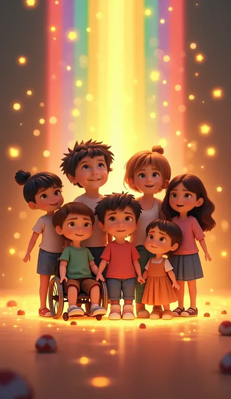 a group of smiling ren and parents.  the ren are depicted with visible diversity ,  like a wheelchair ,  a hearing aid , autism,genetic disorder etc .  the figures are surrounded by a luminous rainbow that starts from the base of the logo and golden stars ...