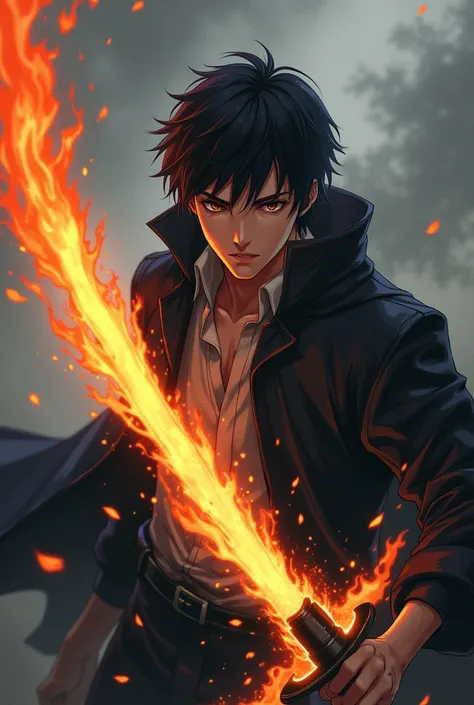 Anime male with medium black hair wearing cool black coat holding flaming sword sword 