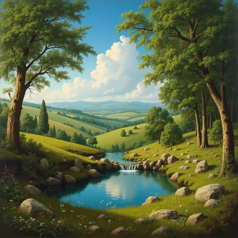 Early Renaissance-style image, of a beautiful natural spring in nature with blue skies and green trees, and a pasture 